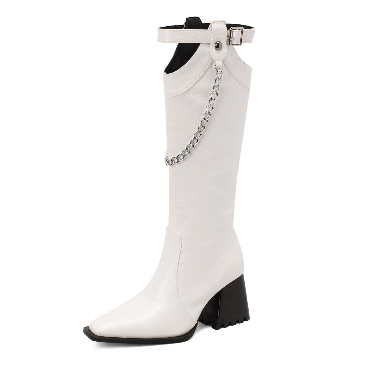 Fashion Knee High Boots For Womens Square Toe Chains Zipper Chunky Heels Tall Wide Calf Riding Dressy Boots