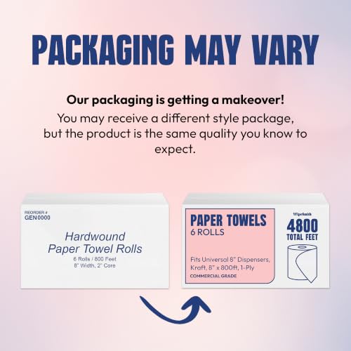Image of Hardwound Paper Towel Rolls, 8 Inch x 800 Feet, 1-Ply Brown Kraft Commercial Hand Towel Rolls, Fits Universal 8 Inch Dispensers, 100% Recycled, 6 Rolls per Carton, 4800 Feet Total