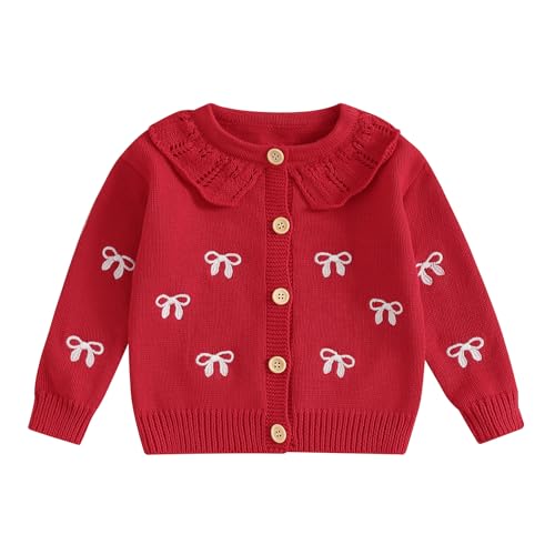 Toddler Girls Fall Knit Cardigans Bow Pattern Button Down Long Sleeve Crew Neck Baby Sweater Jackets (Red Bow, 18-24 Months)