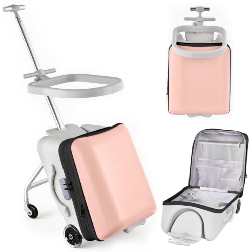 2-In-1 Ride On Luggage for Kids 20 Inch Expandable Ride On Suitcase for Kids with Spinner Wheels Carry On Luggage with Detachable Seat Double as Stroller Safety Guardrail Help Your Child Relax