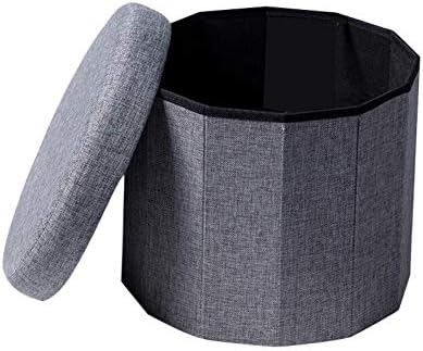 HMEIGUI Storage Ottoman Round Bench Storage Chest, Cotton Linen Fabric Collapsible/Folding with Cover Rest Stool Coffee Table