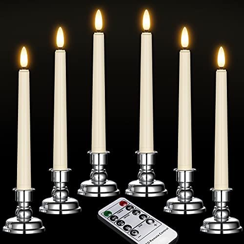 Ymenow Window Candles, 6pcs Battery Operated LED Flameless Flickering Taper Candle with Remote Timer, Silver Candlesticks & Realistic Candle Wicks, Battery Included for Home Wedding Christmas Decor