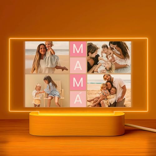 Cristal Plaque Lámpara Horizontal Personalizada con 4 Fotos y Texto Central – Placa Metacrilato con Luz LED y Base Madera USB – Regalo Original para Padres y Mamá