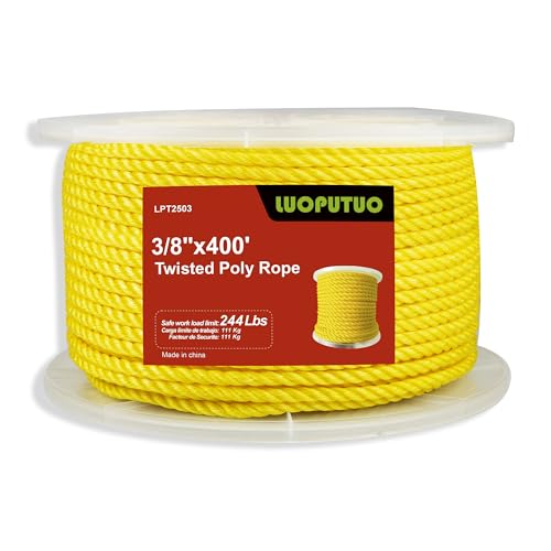 3/8 Inch 400 FT Yellow Twisted Polypropylene Rope Resists Oil & Moisture Anti-Slip Easy to Knot Flexible Floats Stretch Resistant for Marine and Utility Use