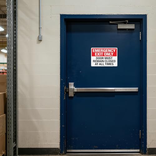 Image of T&R Large Emergency Exit Only Sign Door Must Remain Closed At All Times - 2 Pack - 14 x 10 Inches Rust Free .040 Aluminum Reflective - UV Protected, Waterproof, Weatherproof and Fade Resistant - 6 Pre-drilled Holes