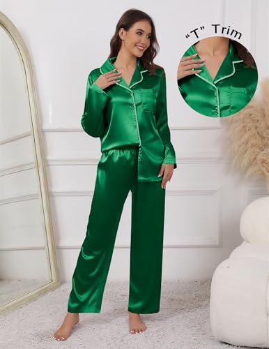 Image of Ekouaer Pajamas For Women Set Silk Pjs 2 Piece Satin Sleepwear Long Sleeve Button Down Lounge Sets With Pant