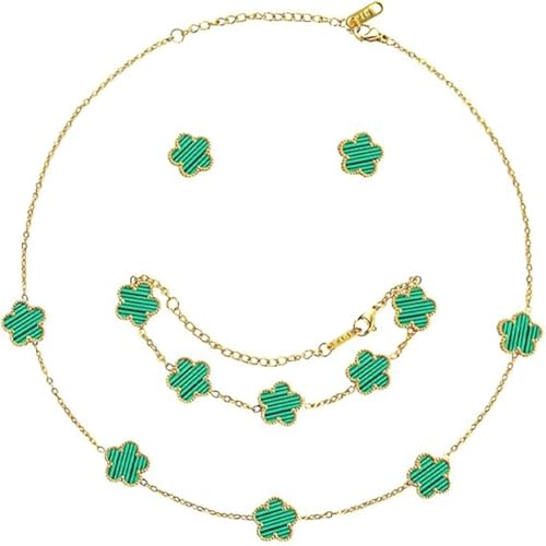 XIWCAFC Conjunto de Joyas para Mujer con Trébol de Cuatro Hojas 18K Oro Plateado Acero Inoxidable Doble Cara Trébol de Cuatro Colgante Collar Pendientes Pulsera Juego de Joyas (Verde)