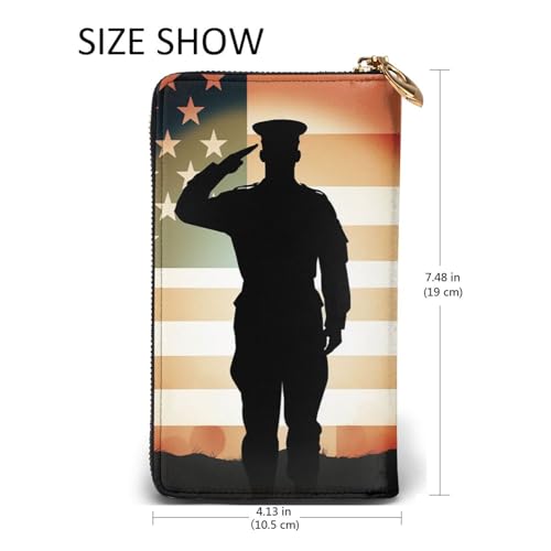 Womens Wallet Leather Slim Wallet Long Card Holder Case Zip Clutch Thank You Soldier Saluting America Flag Travel Purse2