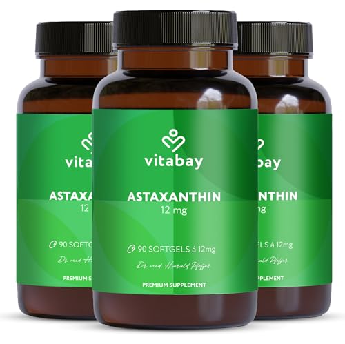 Vitabay Astaxanthin 12mg - Hochdosiert und Vegan - 270 (3er Set) Natürliche Astaxanthin Softgel Kapseln - Bräunungskapseln