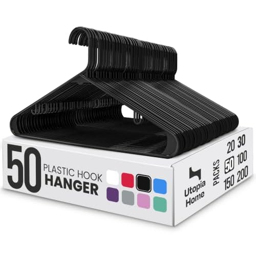 Utopia Home Plastic Hangers 50 Pack – Built-in Strap Hooks Black