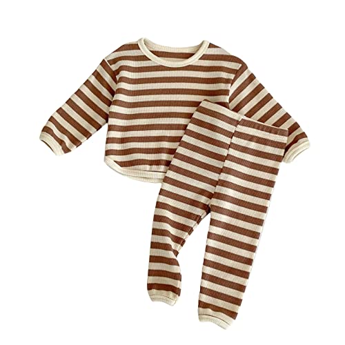 Image of RSRZRCJ Waffle Knit Toddler Clothes Baby Outfits Unisex Long Sleeve Rib Pullover Shirt and Pants Set for Baby Boy Girl (Waffle+Stripe, 0-6 Months)