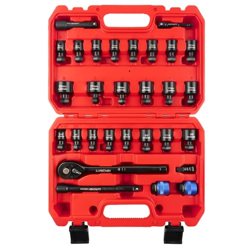 Image of LLNDEI 29Pcs Swivel Socket Set, Quick Release Design, CR-MO 3 /8 Swivel Sockets Metric(8-22mm)&Sae(5 /16 inch-3 /4 inch), Wobble Socket Set with Ratchet Wrench, Extension Bar and Adapters.