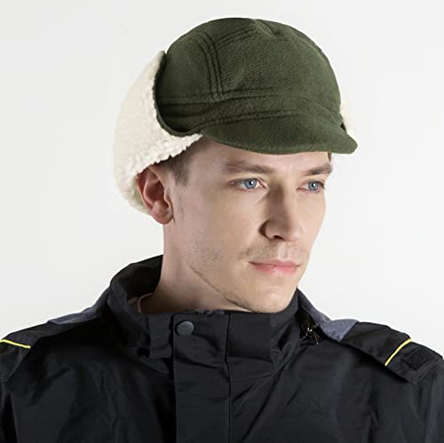 Connectyle Mens Fleece Beanie Hat With Ear Flap Warm Winter Hats With Brim Outdoor Fishing Skull Cap Army Green #TOP2