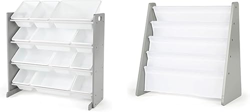 Humble Crew Organizador de juguetes para niños, niños pequeños, gris/blanco y redondo, estantería de almacenamiento para libros, gris/blanco