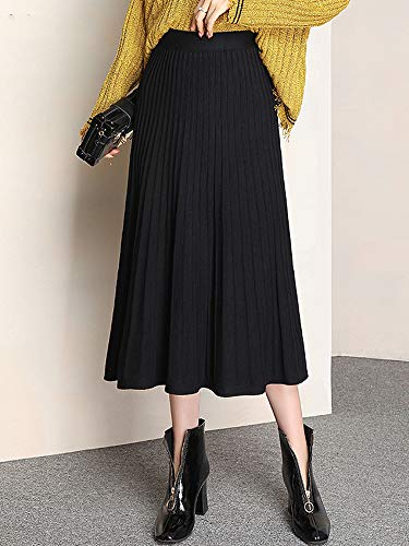 Andoer Saia tricotada feminina cor sólida cintura alta com nervuras plissada linha A primavera outon