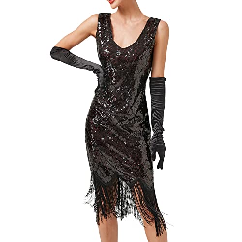 Zldhxyf 1920s Vestido de mujer con flecos de cóctel vestido de noche con lentejuelas borlas para fiesta de cóctel para mujer, vestido de noche con flecos vintage, Negro , L Cover