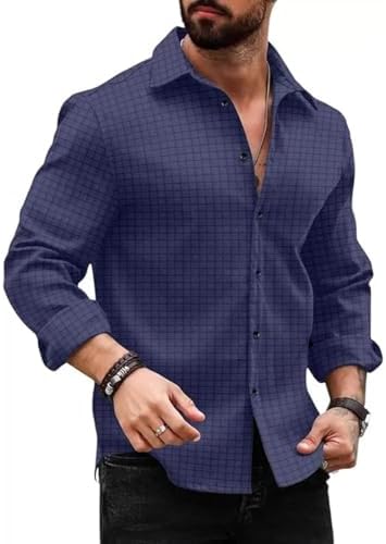 DEELMO Men's Regular Fit Button Down Dress Shirts Textured Long Sleeve Casual Hawaiian Shirt Navy Blue