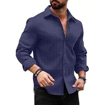 DEELMO Men's Regular Fit Button Down Dress Shirts Textured Long Sleeve Casual Hawaiian Shirt