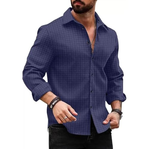 Image of DEELMO Men's Regular Fit Button Down Dress Shirts Textured Long Sleeve Casual Hawaiian Shirt