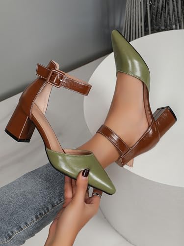 Womens Leather Dressy Ankle Strap Block Heels Pointed Closed Toe D'Orsay Pumps Shoes for Women Evening Party Office Comfortable Low Chunky Heels Two Tone2