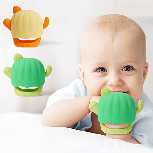 Image of Teething Mittens 2 Pack Baby Cactus Teether Toys for Babies 0-6 6-12 Months Anti-Drop Detachable Silicone Chew Toys for Sucking Needs Relief Infant BPA Free (Green+Yellow)