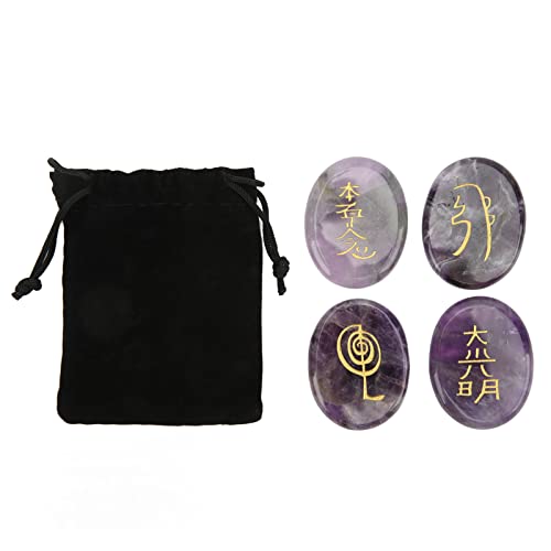 Set de 4 Piedras Naturales de Chakra, Cristales Curativos con Símbolos Reiki Grabados para Meditación y Terapia