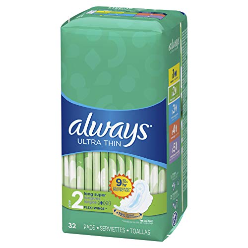 Always Ultra Thin Size 2 Super Pads With Wings Unscented, 32 Count, Multi