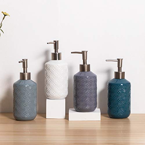 Fe Soap Dispenser, 13.5Oz Soap Dispenser Bathroom, Ceramic Hand Soap Dispenser With Vintage Emboss Design, Refillable Dish Soap Dispenser For Kitchen & Bathroom (Blue) #TOP6