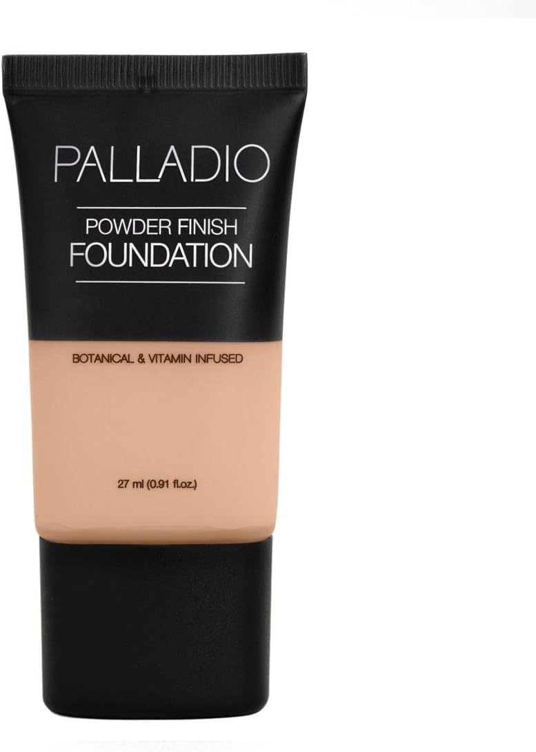 Powder Finish Liquid Foundation, Natural Matte Appearance, Reduces Fine Lines, Covers Large Pores, Hides Imperfections, All Day Wear, Sheer to Medium Coverage, Sandy Beige