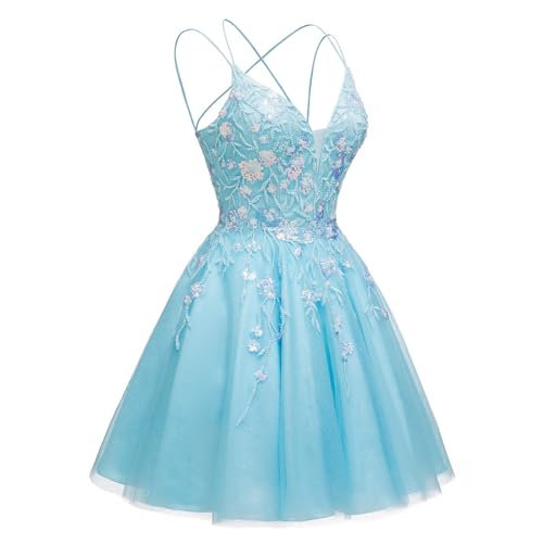 Fokissy Sparkly Tulle Homecoming Dresses 2025 Flowry Short Prom Dresses for Teens V Neck HOCO Dresses3