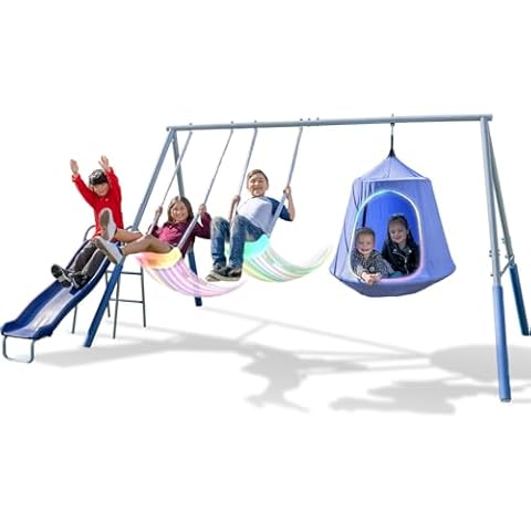 Sportspower Shooting Star Metal Swing Set w/ 2 LED Swings, Padded Saucer Swing with LED Light up Tent and 5' Double Wall Blow Molded Slide Cover