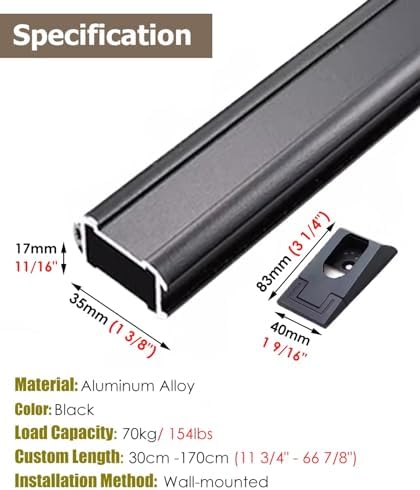 Adjustable Non-Slip Closet Rod with Rubber Ends - Heavy Duty Wardrobe Hanger Bar, Cuttable for Bathroom, Cloakroom & Cupboard, 30cm to 170cm (Black, 115cm)