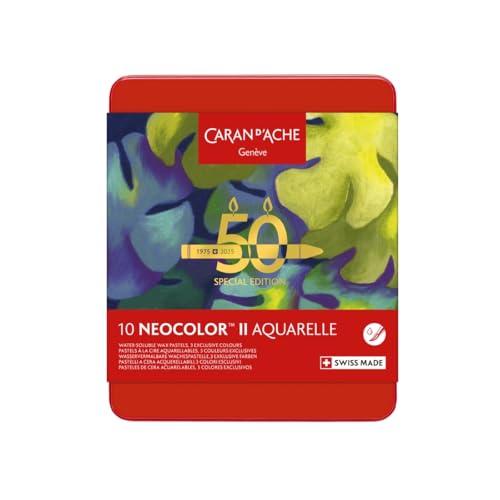 Caran d'Ache Neocolor II Pasteles de cera solubles en agua, edición especial de 50 años, lata oscura de 10 colores, crayones para colorear artísticos, regalo para amantes del arte, juego de arte