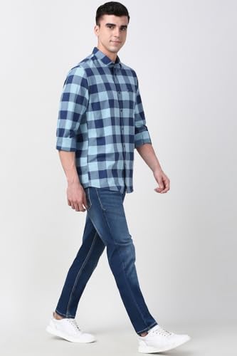 Image of Peter England Men's Checkered Cotton Shirt | Smart Casual | Full Sleeves Slim Fit