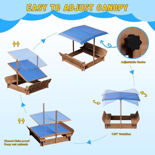 Kids Wooden Sandbox with Adjustable Canopy, Rotatable Sunshade Cover & Two Foldable Bench Seats for Outdoor Play