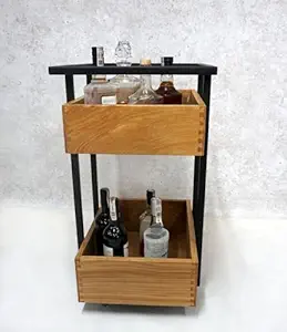 Ashutosh Crafting Bar 2 Tier Shelf Sheesham Wood Serving Trolley with Wheels for Home Dinning Bars Kitchen Beauty Salon | Tea Trolley for Home and Hotels (Wooden Plank with Black Iron Frame)