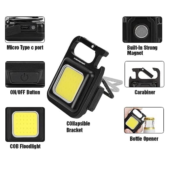 KANAKADHARA Keychain LED Light 2-Hours Battery Life with Bottle Opener, Mini COB Flashlight 4 Modes Portable Pocket Magnetic Base and Folding Bracket Rechargeable Emergency Light(Pack of 1) 1