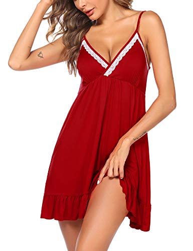 Ekouaer Womens Chemise Sleepwear Full Slips Lace Nightgown Cotton Lounge Dress Red
