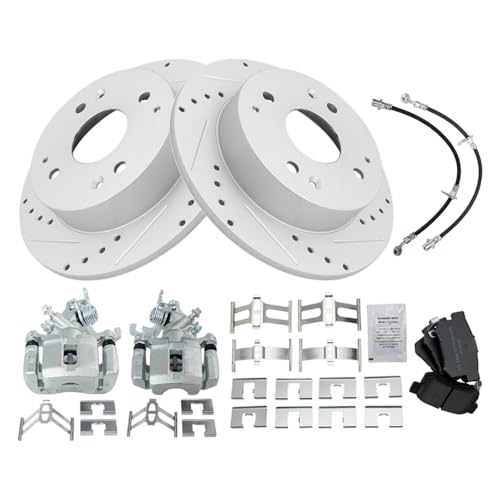 Image of TRQ Performance Rear Brake Pad and Rotor Set Semi Metallic Drilled Slotted Calipers Compatible with 1998-2002 Honda Accord