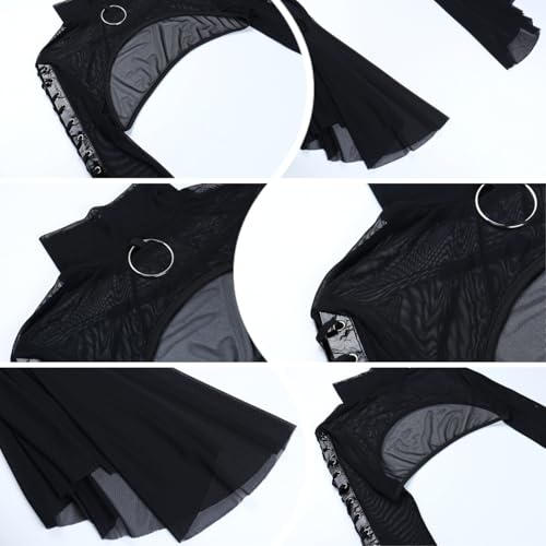 Image of Women Gothic Crop Top Shirt Y2K Black Bell Sleeve Shawl Cardigan