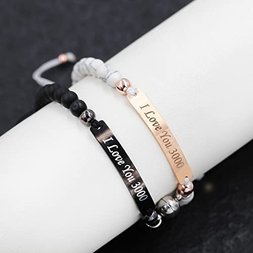 Uloveido Personalized Id Couple Bracelets With Magnet, Stainless Steel And Natural Bead, Custom Engraving Handmade Braided Rope Wrist Bangle For Men Women Friendship, Adjustable, (I Love You 3000) #TOP3