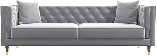 Ashcroft Furniture Co Sofá de terciopelo gris copetudo, moderno de mediados de siglo, con botones en la parte posterior, sofás de tela para sala de