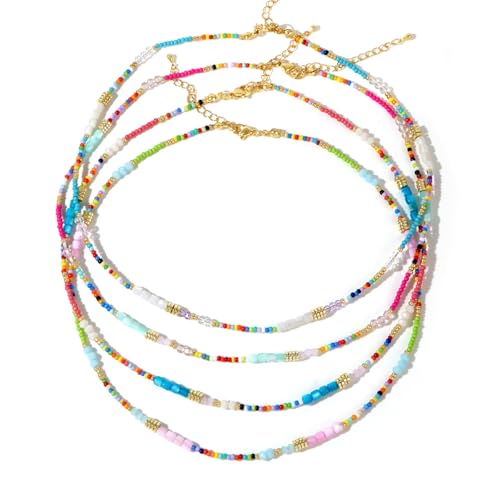 SHINUS BOHO 4PCS Dainty Colorful Natural Crystal Beaded Layered Choker Necklace Set for Women,Handmade Bohemian Candy Healing Stone Beads Trendy Beach Jewelry Gift Friendship