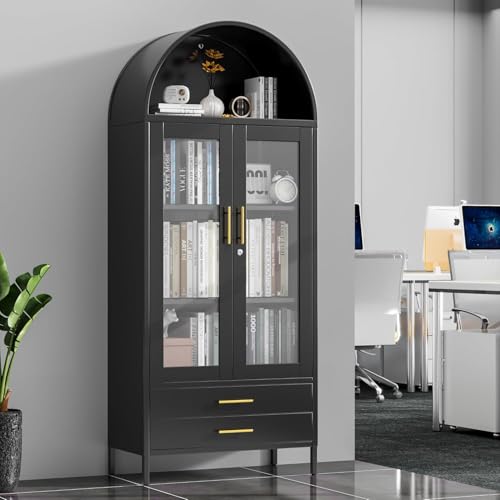 Image of 73''H Metal Arch Kitchen Pantry Cabinets, Arched Display Cabinet with Glass Doors&Drawers for Home Living Room, Assemble Required, Black
