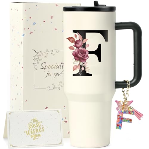 ZIOISNM A-Z 1.2L Gourde Isotherme avec Paille, Mug Isotherme avec Paille Double Paroi Acierxydable à, Un Cadeau Femme Idéal pour Anniversaire, Noël ou Saint-Valentin (F)