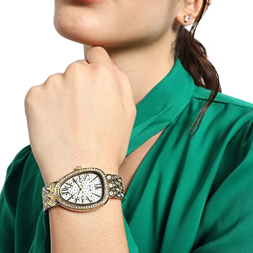 Image of Haute Sauce Women's Embellished Analog Dial with Stainless Steel Strap | Battery Power | Foldover Closure | Quartz Movement | Fashion Wrist Belt Watch for Female and Girls