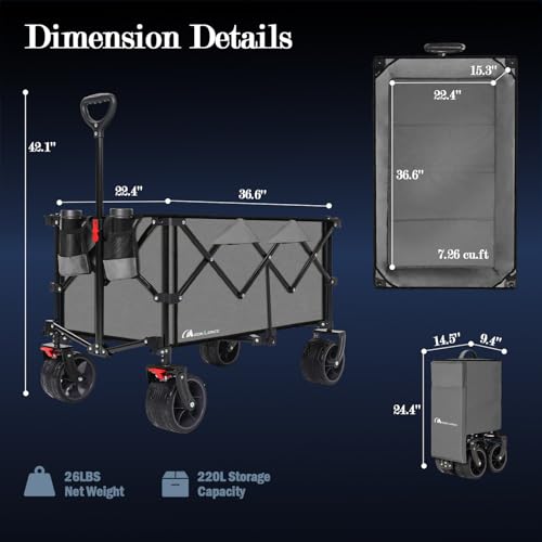 Image of Moon Lence Collapsible Folding Wagon Cart Heavy Duty Folding Garden Portable Hand Cart with All-Terrain Beach Wheels, Adjustable Handle (Grey)