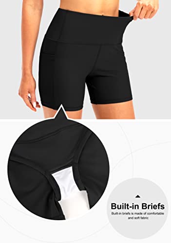 Soothfeel Women's High Waisted Swim Board Shorts 5 Inch UPF 50+ Tummy Control Bathing Suit Bottoms for Women with Pockets4