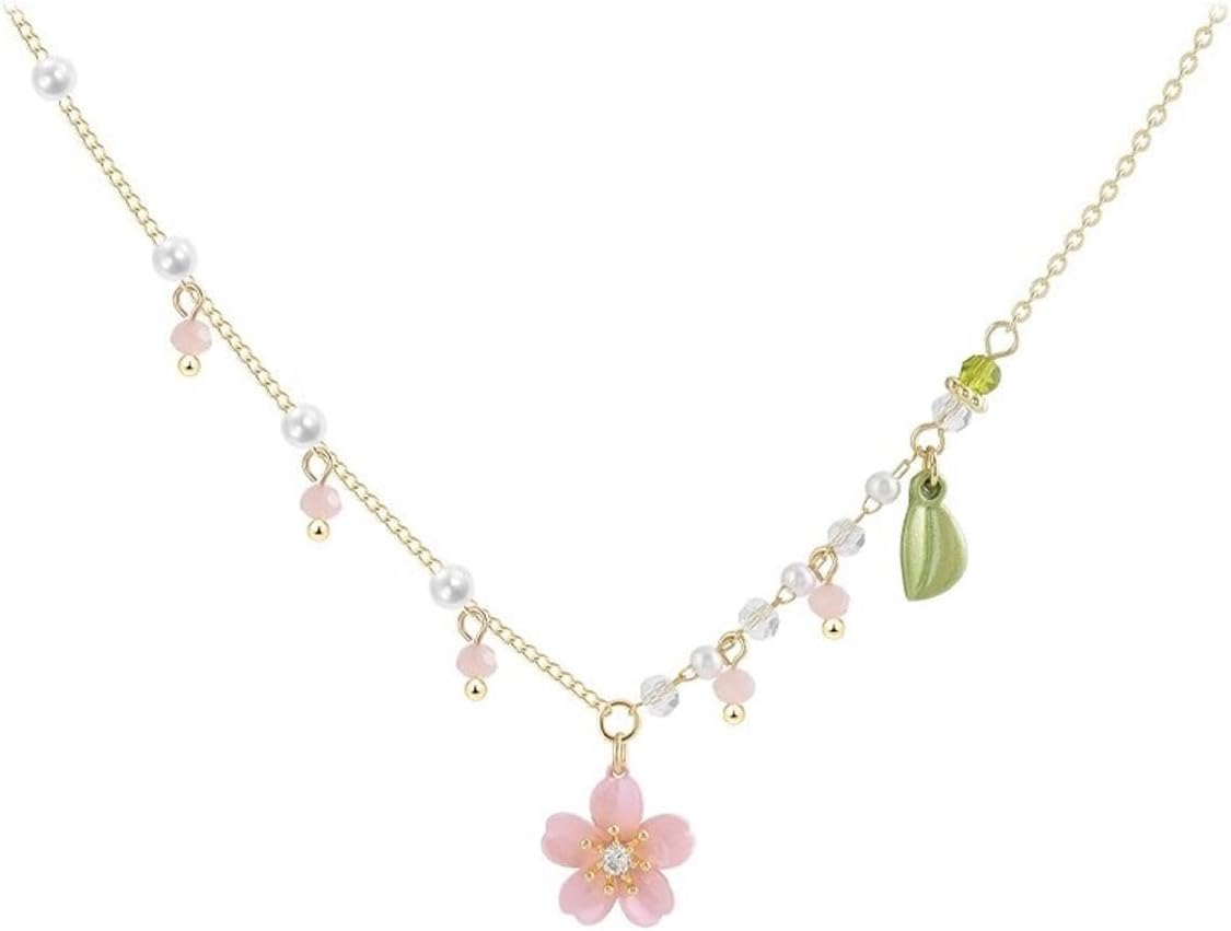 Cherry Blossom Necklace,Small Peach Flower Pendant Pearl Necklaces,Dainty Floral Tassel Necklace for Women - Image 8