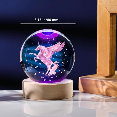 Lampe sphère en verre licorne 3D et veilleuse LED multicolore avec télécommande